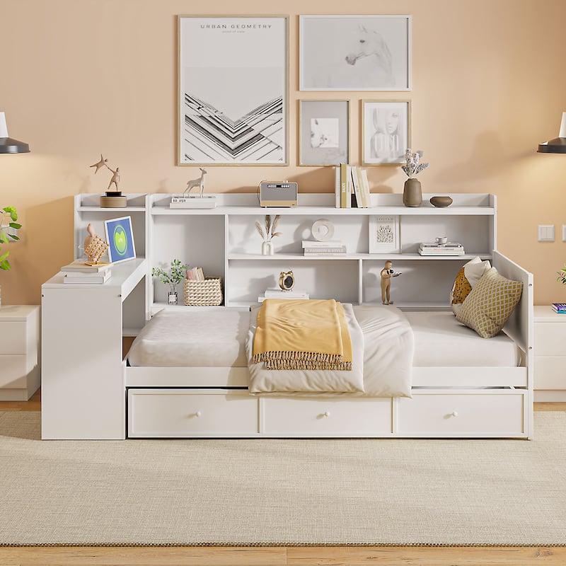 Twin Size Wooden Daybed with 3 Storage Drawers, Integrated Desk & USB Ports, White