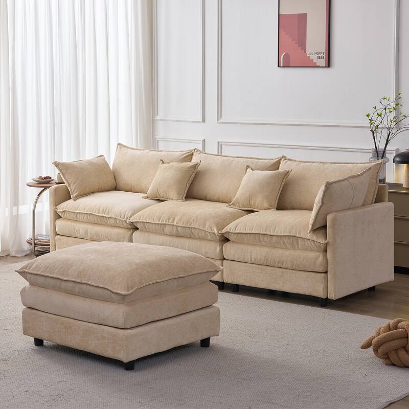 105" Modular Sectional Sofa with Ottoman, Upholstered Chenille Fabric 3-Seater