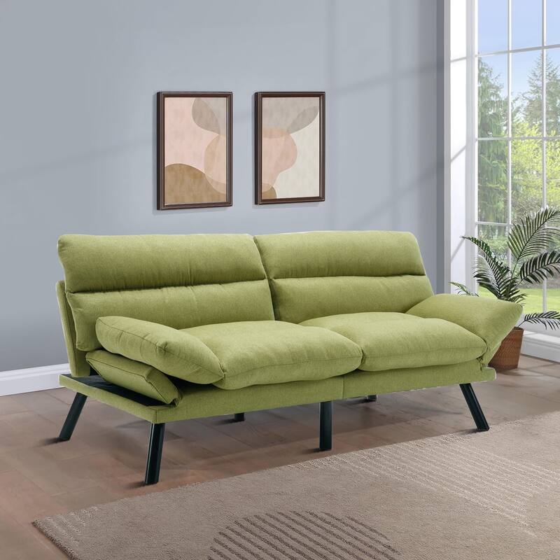 Modern style sofa futon with adjustable backrest and adjustable armrests, metal legs for bedroom living room flat dormitory - Green Linen