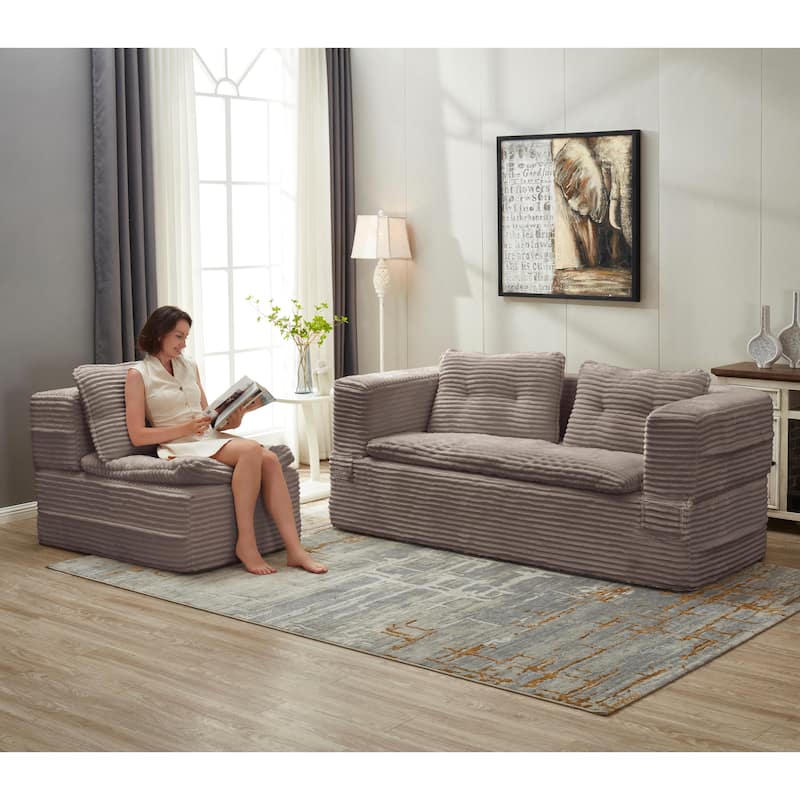 Sleeper Sofa with Chaise Lounge, Convertible Sectional Couch Bed, Corduroy 3-Seat Sofa, Folding Boneless Couch