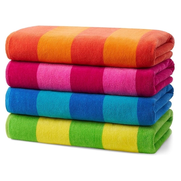 Kaufman Soft Velour Two-Tone Stripe 30 x 60 All Cotton Beach Pool and Bath Towels - 4-Pack
