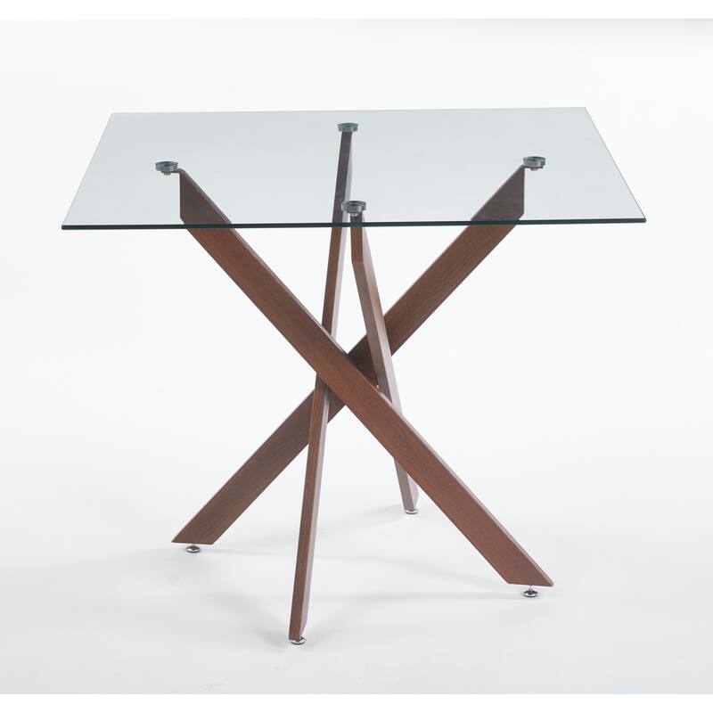 Square Glass Dining Table for 4 Person, Kitchen Table with Tempered Glass & Cross Metal Legs, Modern Leisure Coffee Table