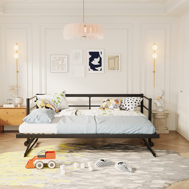 Twin Size Metal Daybed with Pop Up Trundle - Black