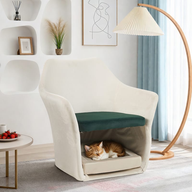 Furniture Style 2 in 1 Pet Friendly Mid Century Modern Accent Chair Soft Fabric Upholstered Leisure Armchair - Dark Green,White