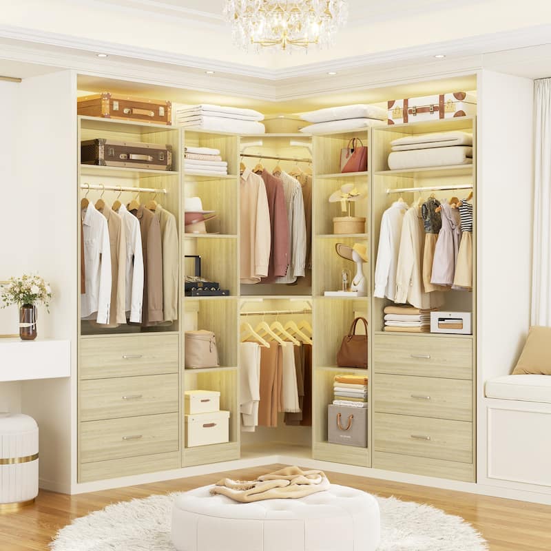 Corner Closet System with 6 Drawers & 4 Hanging Rods,Set of 3,Reversible Walk-in Closet Organizer System with Adjustable Shelves