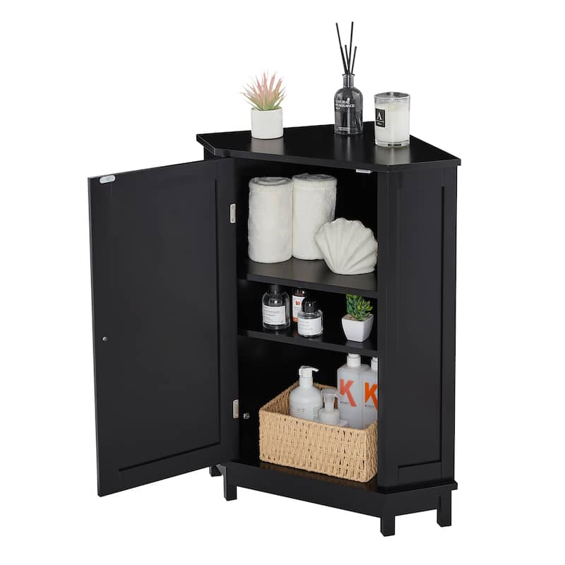 Bathroom Corner Storage Cabinet, Wood Single Door Corner Cabinet, Freestanding Organizer with Adjustable Shelves