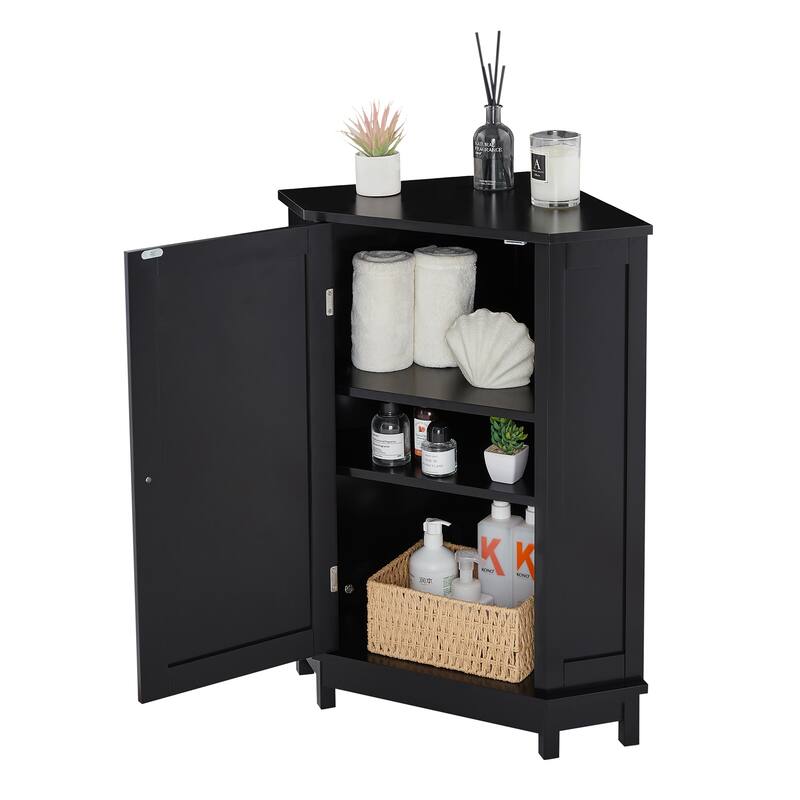 Roomfitters Triangle Corner Bathroom Cabinet, Modern MDF Storage Organizer with Adjustable Shelves and Wood, Black