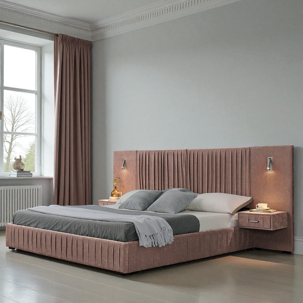 Queen Upholstered Platform Bed with Pleated Chenille Headboard, Built-in Bedside Table & Adjustable Lamps, No Box Spring