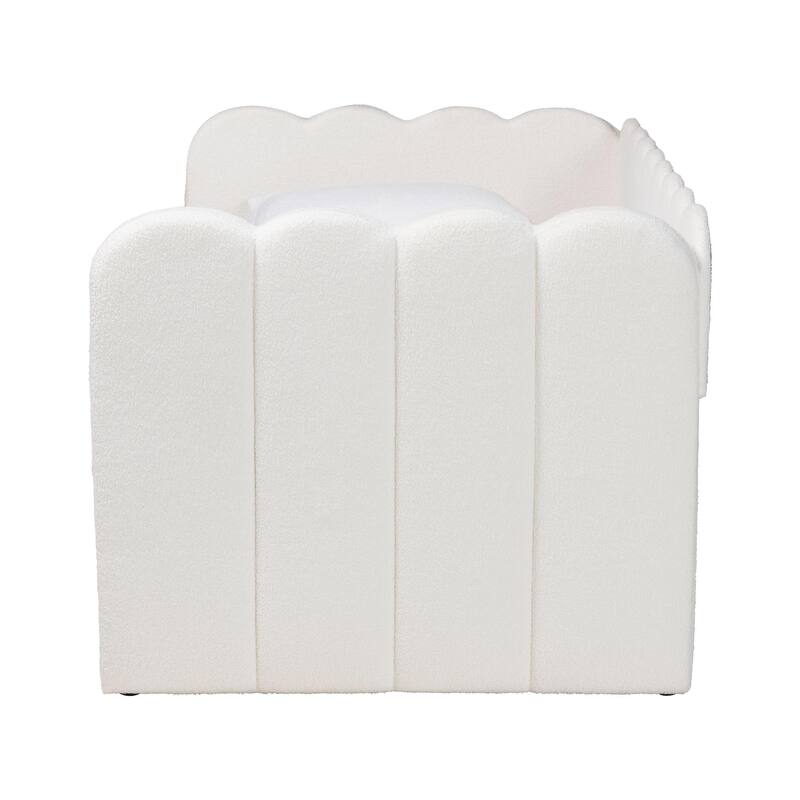 Palmer Cream Teddy-Bear Fabric Daybed with Rolling Trundle - Scalloped Edge Daybed with Plush Upholstery, Modern Sofa Bed