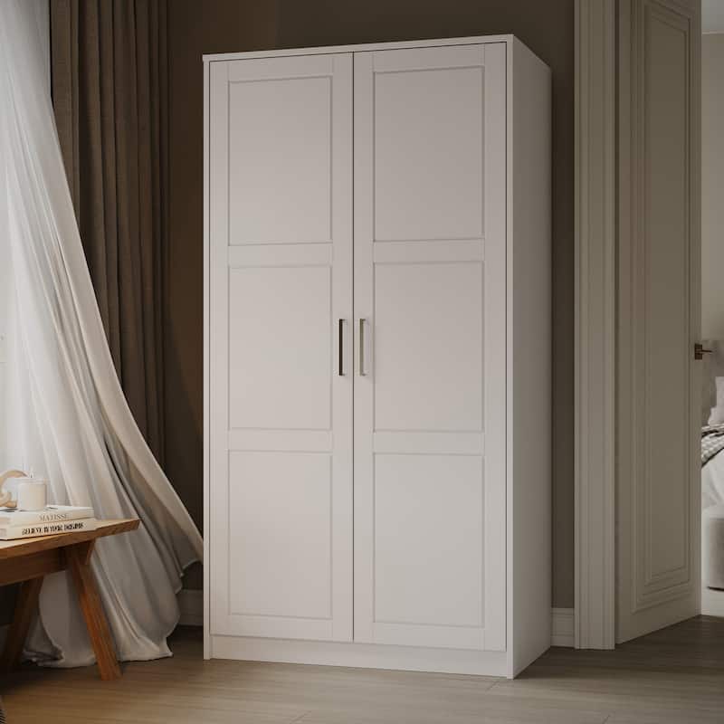 Palace Imports 100% Solid Wood 2-Door Urban Wardrobe Armoire with Solid and Mirrored Doors - White-Solid Wood Doors
