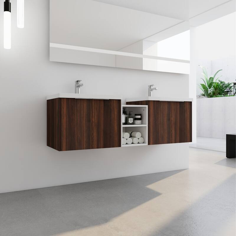 60 Inch Bathroom Vanity with Soft Close Doors, Resin Sink, Ample Storage and Matching Small Shelves (KD Packing)