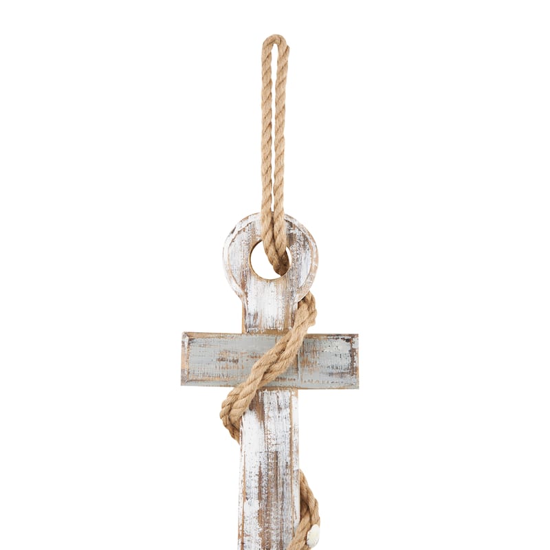 Brown Wood Handmade Anchor Home Wall Decor with Rope and Shell Accents