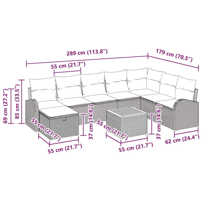 vidaXL 9 Garden Sofa Set with Cushions Black/Grey Poly Rattan - 113.8 x 70.5 x 27.2