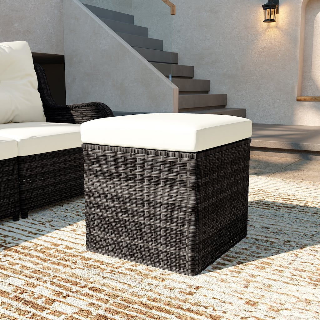 Outdoor Wicker Square Storage Ottoman with Plush Cushion
