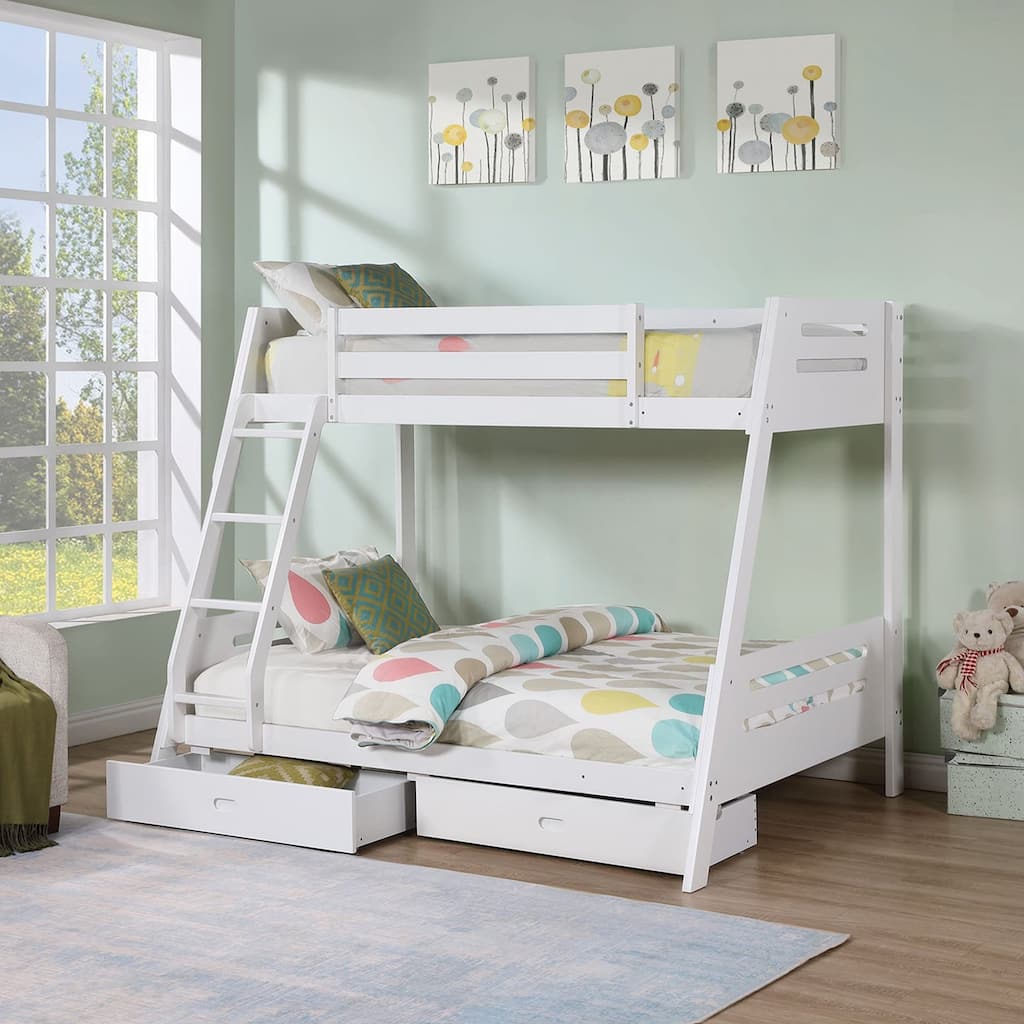 White Twin over Twin/ Full Bunk Bed with Underbed Drawers
