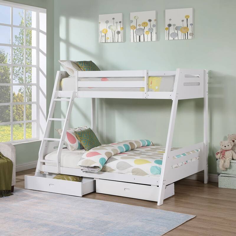 White Twin over Twin/ Full Bunk Bed with Underbed Drawers