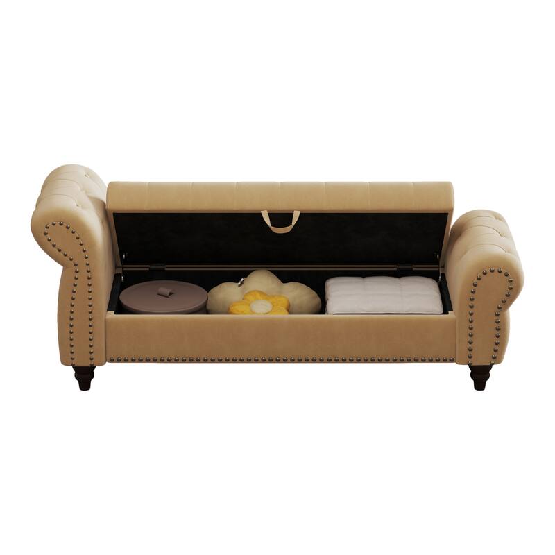 64.5" Storage Bench for Bedroom, Large Capacity Upholstered Ottoman, End of Bed Tufted Chaise Lounge with Rolled Arm