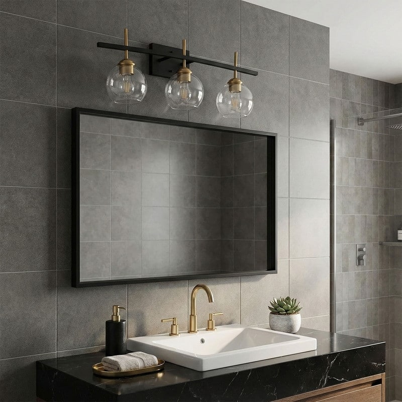 3 Light Industrial Vanity Light Matte Black with Antique Copper Accents Clear Tube Glass Shades