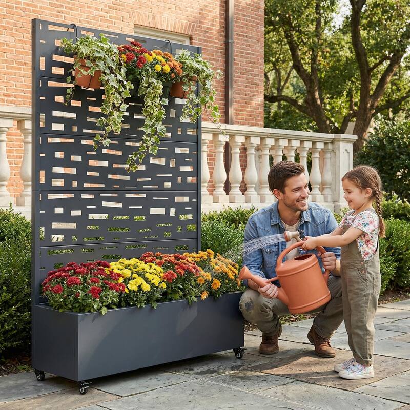 Raised Garden Bed Planter with Trellis Movable Planter Box with Lockable Wheels