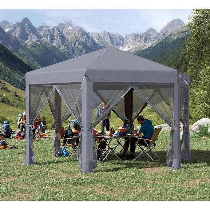 Hexagonal Pop Up Gazebo Tent with Mesh Walls, Adjustable Height, Steel Frame for Outdoor Camping & Events