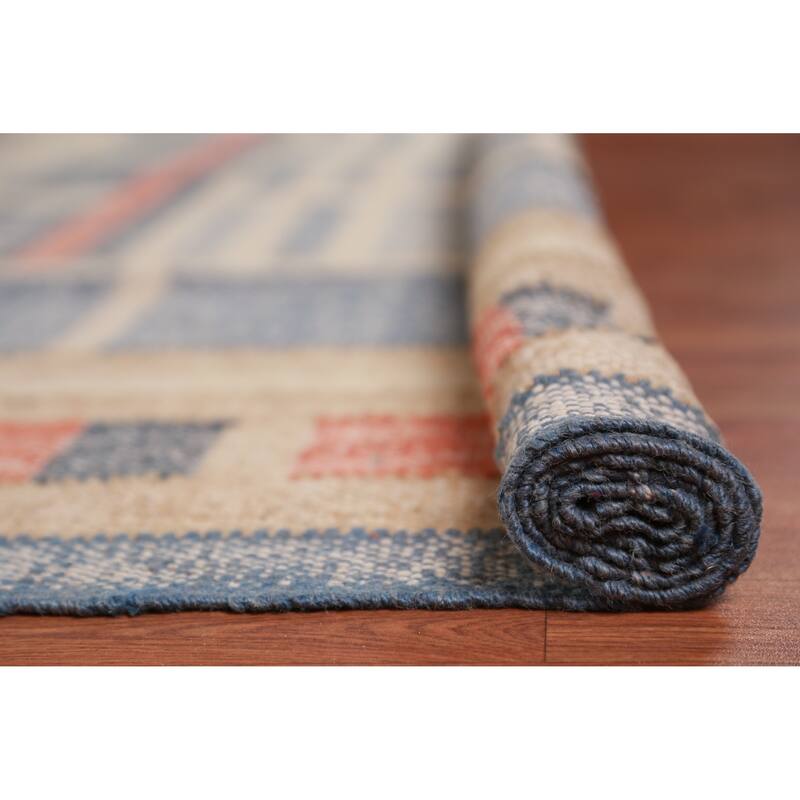 Hand Woven Oriental 100% Jute Carpet Southwestern Modern Navy Blue & Blues Kilim Area Rug - 9' 4'' X 8' 7''