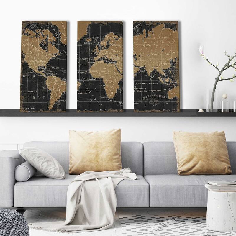 "Mappemonde Borderless Black Gold" 3 Piece Set on Canvas