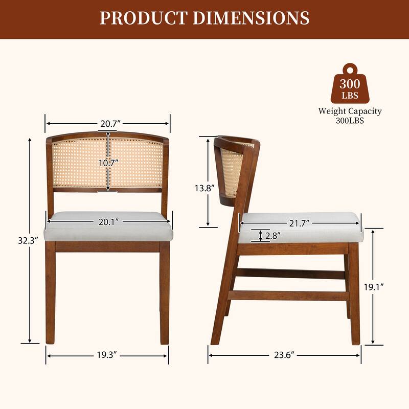 Rattan Dining Chairs Set of 2, Armless Dining Chairs Upholstered Kitchen Side Chairs with Curved Rattan Back, Hardwood Frame