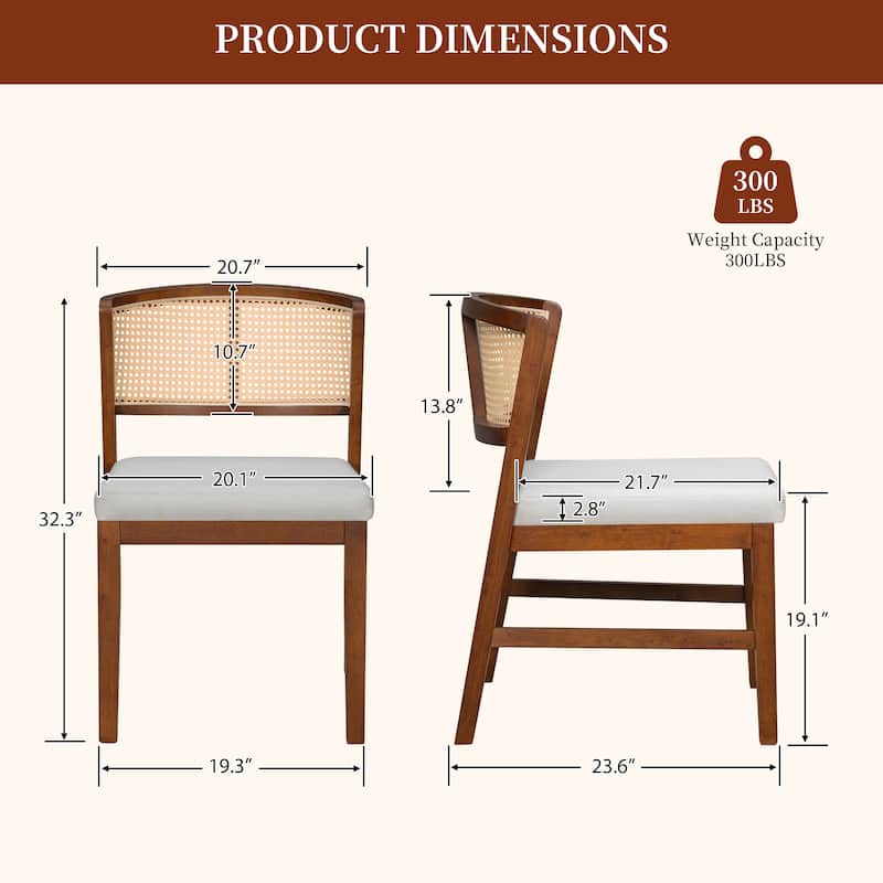 Rattan Dining Chairs Set of 2, Fabric Upholstered Kitchen Side Chair, Curved Rattan Back