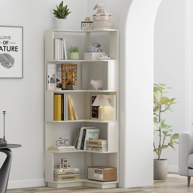 GDFStudio - Elysande Wood Corner Bookcase with 6-Tier Anti-Fall Design