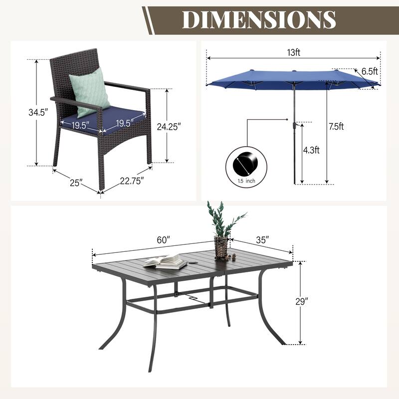 MAISON ARTS 7/8 Pieces Outdoor Patio Dining Set, 6 PE Rattan Chairs with Cushions and 1 Rectangle Metal Table