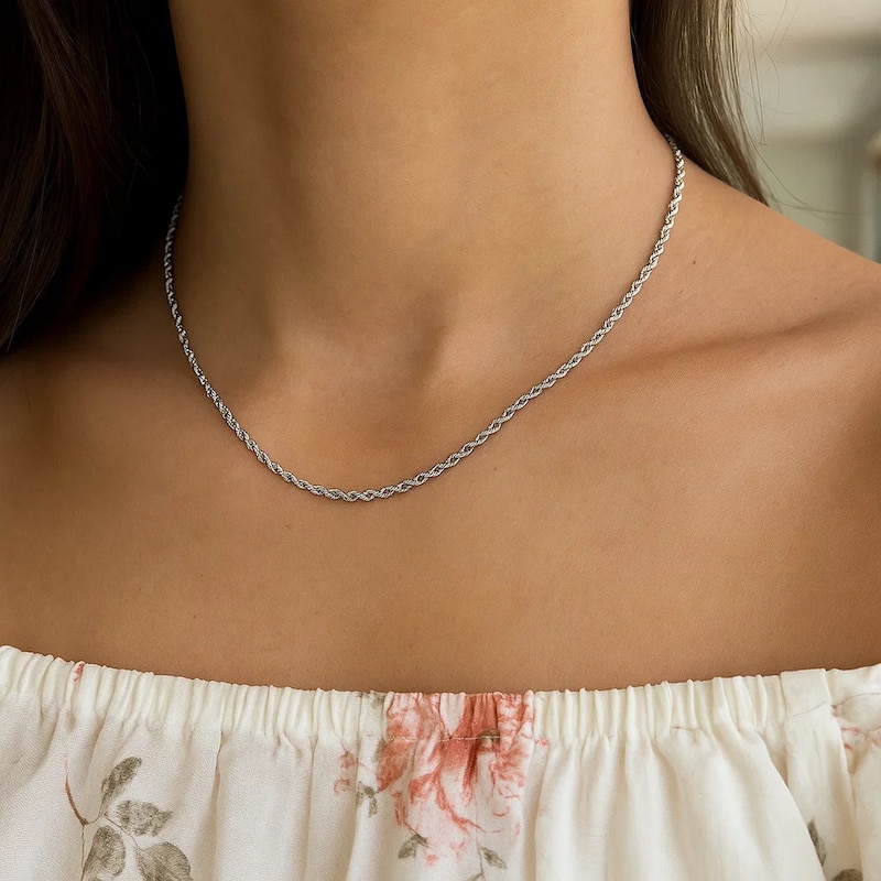 MayaMila 2.0mm 14k White Gold Solid Diamond Cut Rope Chain