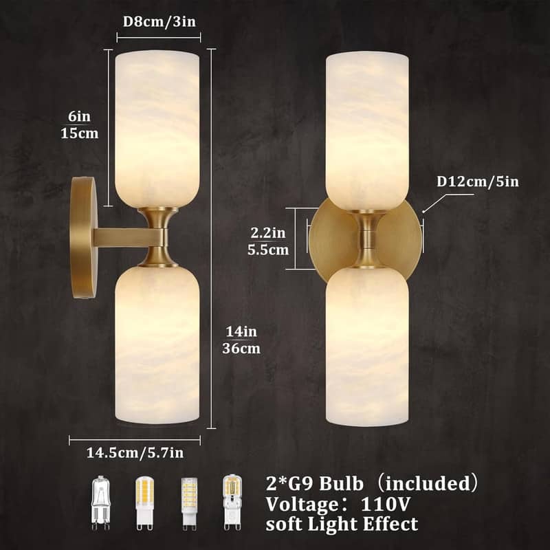 KAYLA 14 in. 2-Light Gold Modern Natural Alabaster Wall Sconce