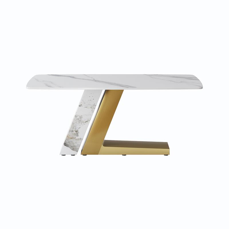 Rectangle Dining Table Faux Marble Tabletop Sintered Stone Panel with Stainless Steel Pedestal