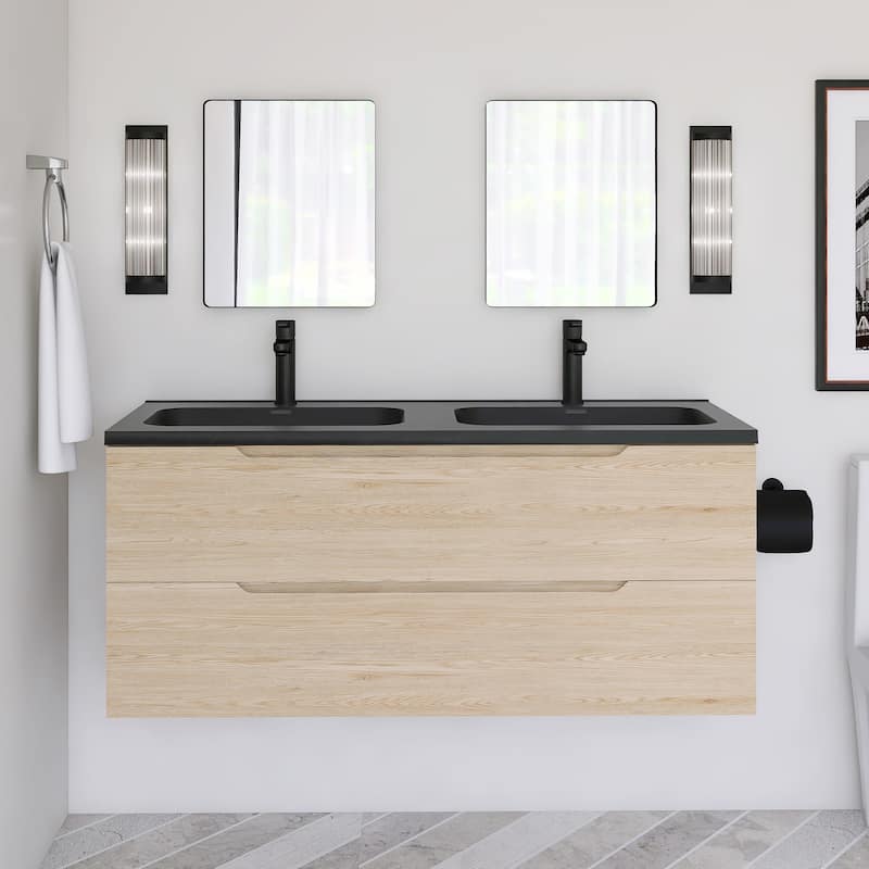 48'' Floating Bathroom Vanity in Evita Oak with Integrated Quartz Sand Top - 47.24'' x 18.90'' x 20.39'' - Wood Finish - 47.24'' x 18.90'' x 20.39'' - Evita Oak