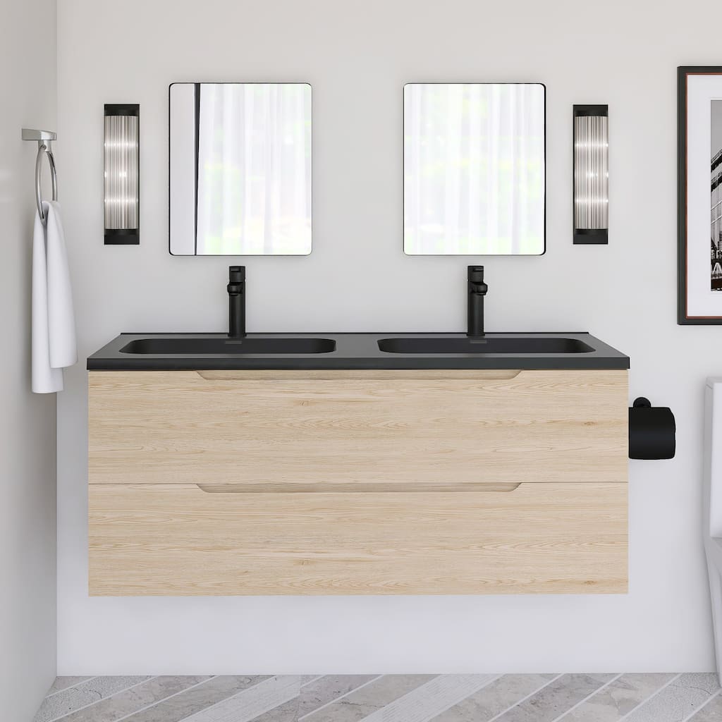 48'' Floating Bathroom Vanity in Evita Oak with Integrated Quartz Sand Top - 47.24'' x 18.90'' x 20.39''