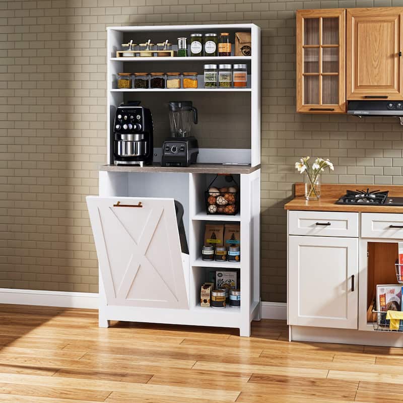 Moasis Bakers Rack with Trash Can Storage Bin Cabinet and Power Outlet