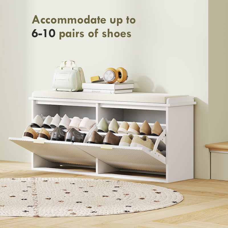 Cushion Seating Shoe Bench with Storage Drawers and Beadboard Panel Perfect Holds Up to 10 Pairs - 40.9" W x 10.2" D x 18.7" H