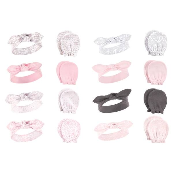 slide 1 of 1, Hudson Baby Infant Girl 16Pc Cotton Headband and Scratch Mitten Set, Gray Feather Pink Bandana, 0-6 Months Gray Feather Pink Bandana - 0-6 Months