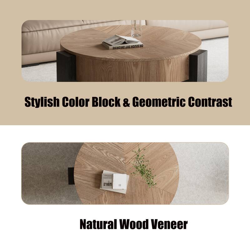33" Round Coffee Table with Hidden Storage, Parquet Veneer Top Table, 3 Block Legs Sturdy Center Accent Table for Living Room