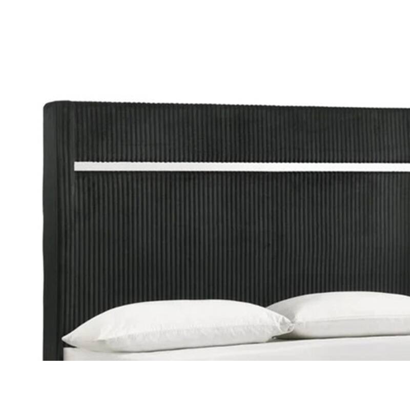 Geny King Size Bed w Channel Tufted Headboard, Silver Trim, Black