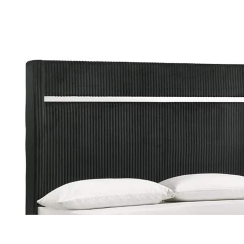 Geny Queen Size Bed w Channel Tufted Headboard, Silver Trim, Black