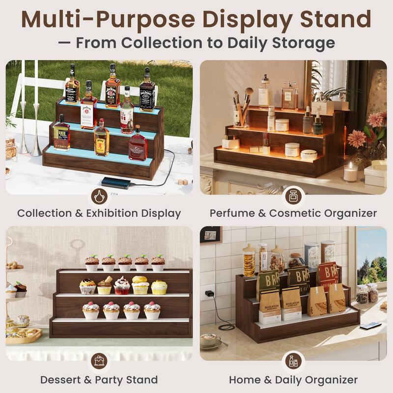EROMMY LED Lighted Wine & Liquor Display Shelf with Remote, 3-Tier Tabletop Bar Rack, USB Powered