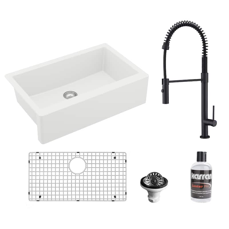 Karran All-in-One Apron Front/Farmhouse Quartz 34-in Single Bowl Kitchen Sink in White with Faucet KKF220 in Matte Black