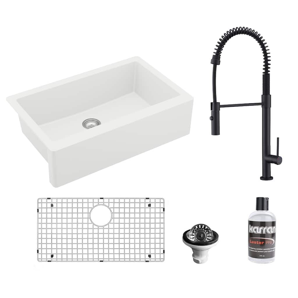 Karran All-in-One Apron Front/Farmhouse Quartz 34-in Single Bowl Kitchen Sink in White with Faucet KKF220 in Matte Black