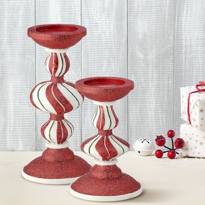 9-12" Resin Peppermint Stripe Candlestick Set of 2