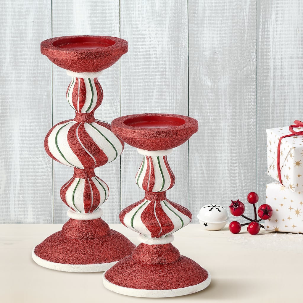 9-12" Resin Peppermint Stripe Candlestick Set of 2