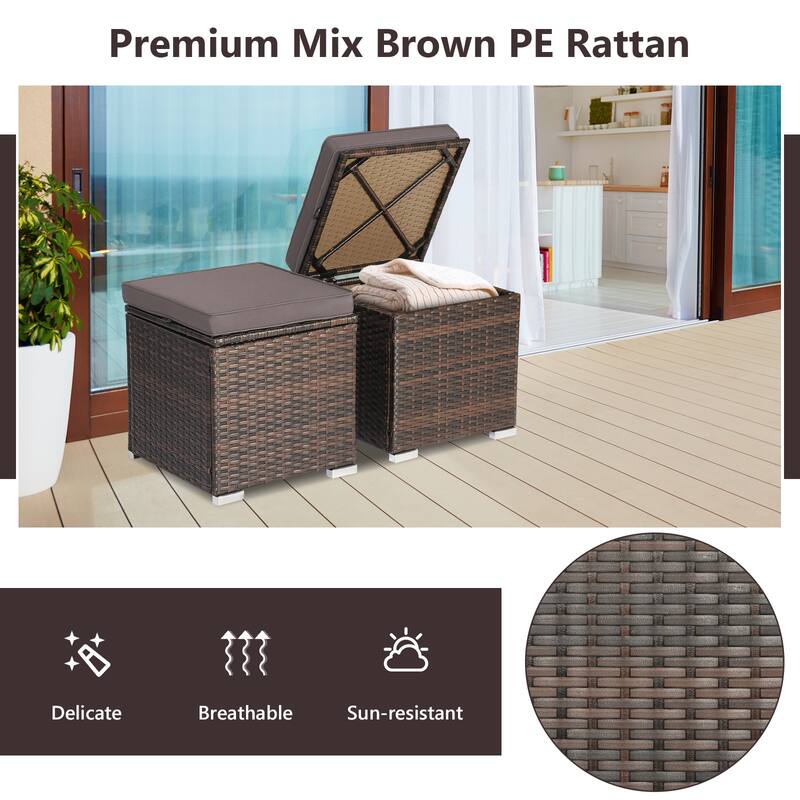 Costway 2PCS Patio Rattan Ottomans Seat Side Table Storage Box - See Details