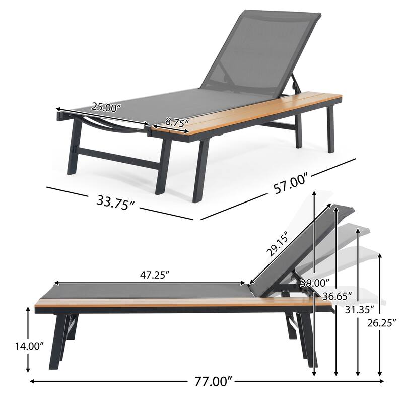 Roomfitters Waterloo Outdoor Aluminum Chaise Lounge with Attached Wood Side Table and Mesh Seat, Black