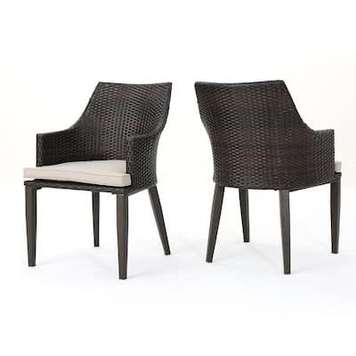 Ellish Outdoor Chair Set of 2, Metal Legs, Brown Rattan, Beige Fabric