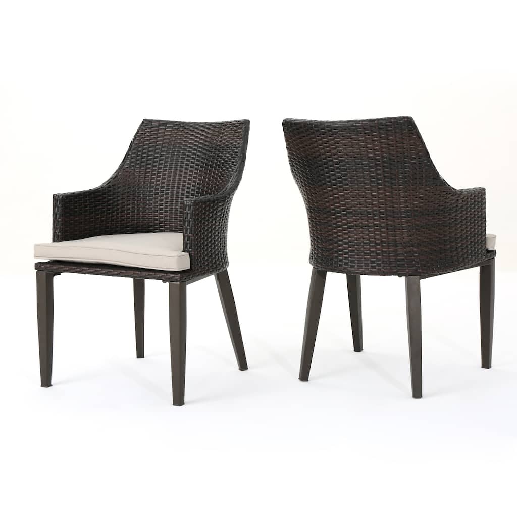 Ellish Outdoor Chair Set of 2, Metal Legs, Brown Rattan, Beige Fabric